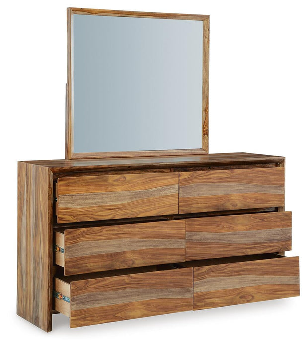 Dressonni King Panel Bed with Mirrored Dresser