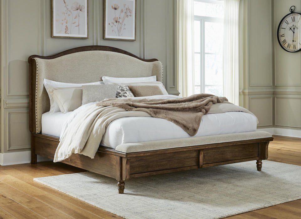 Sturlayne California King Upholstered Panel Bed, Dresser and Mirror