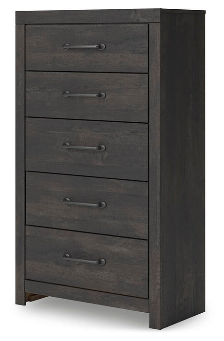 Delmorta Twin Panel Bed with Storage, Dresser, Mirror, Chest and Nightstand