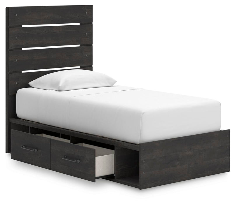Delmorta Twin Panel Bed with Storage, Dresser, Mirror, Chest and Nightstand