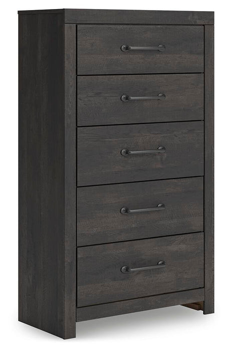 Delmorta Full Panel Bed with Storage, Dresser, Mirror, Chest and Nightstand