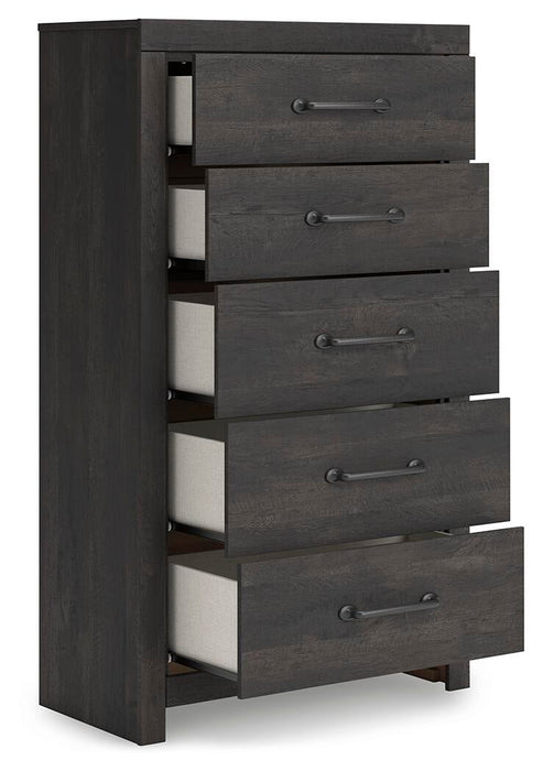 Delmorta Full Panel Bed with Storage, Dresser, Mirror, Chest and Nightstand