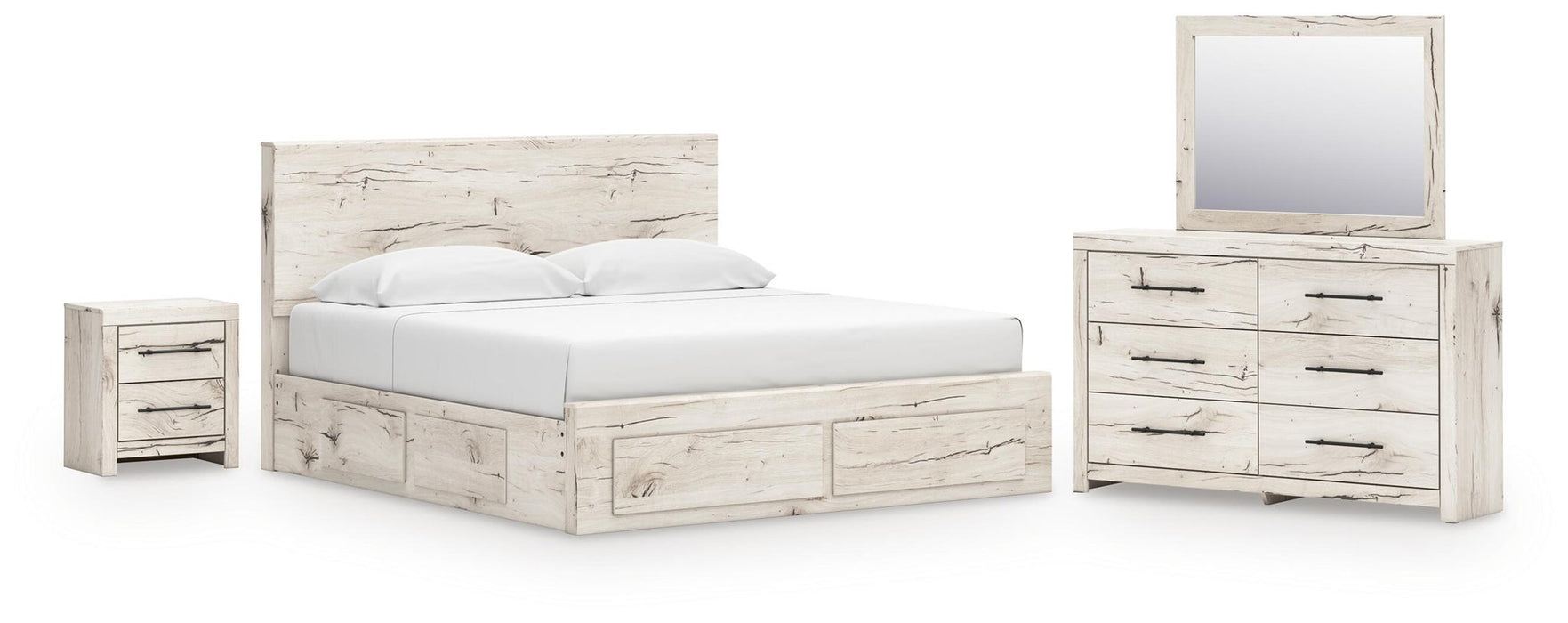 Lawroy King Panel Storage Bed, Dresser, Mirror and Nightstand