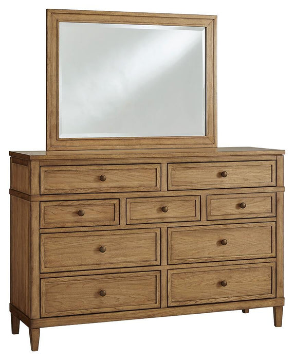 Sharlance California King Upholstered Panel Bed, Dresser and Mirror