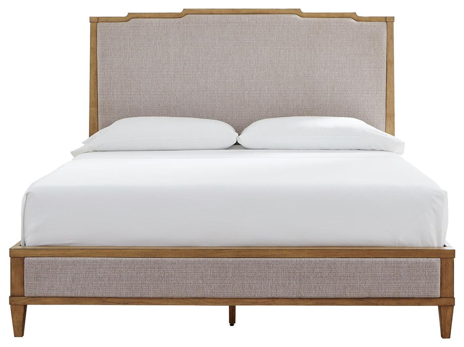 Sharlance California King Upholstered Panel Bed, Dresser and Mirror