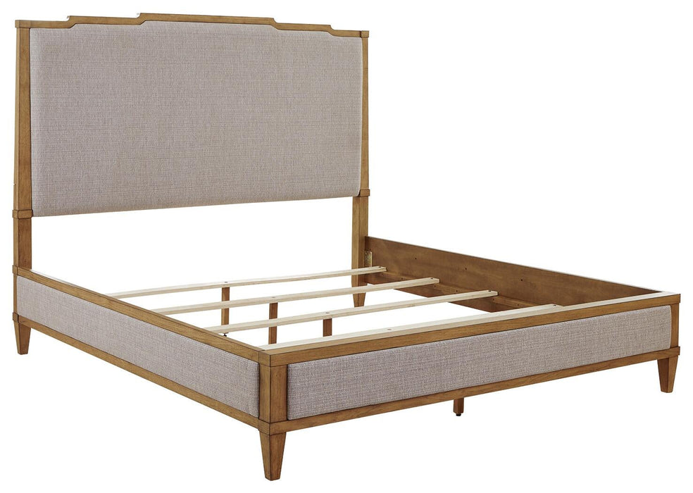 Sharlance California King Upholstered Panel Bed, Dresser and Mirror