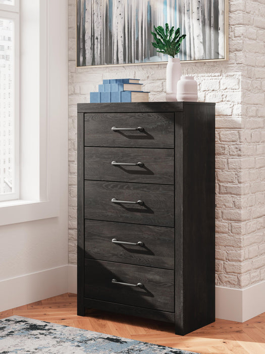 Delmorta Queen Panel Bed, Dresser, Mirror, Chest and Nightstand