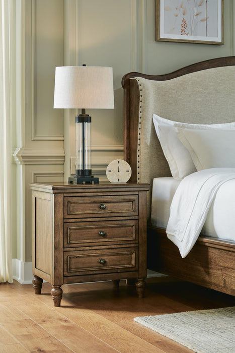 Sturlayne Queen Upholstered Panel Bed, Dresser, Mirror and Nightstand