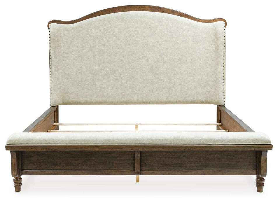 Sturlayne California King Upholstered Panel Bed, Dresser, Mirror, Chest and Nightstand