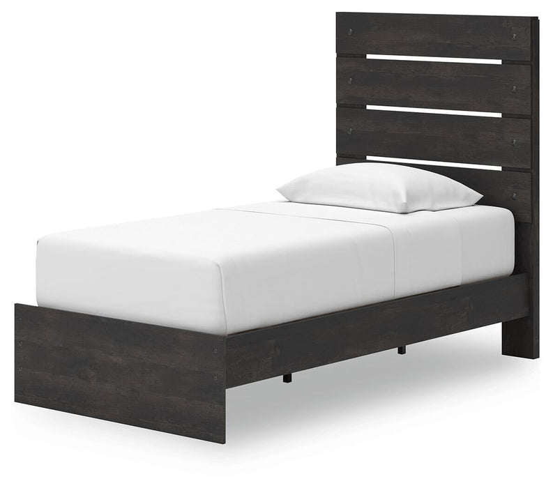 Delmorta Twin Panel Storage Bed, Dresser, Mirror and Nightstand
