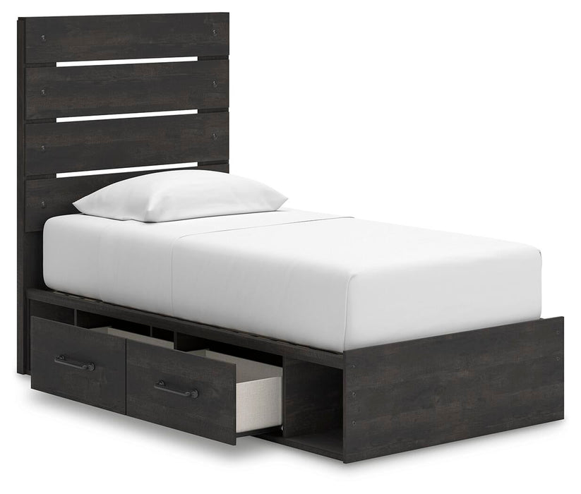 Delmorta Twin Panel Storage Bed, Dresser and Mirror
