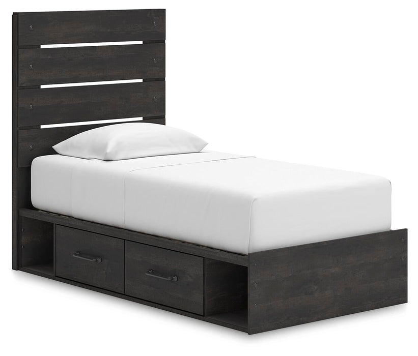 Delmorta Twin Panel Storage Bed, Dresser and Mirror