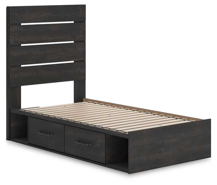 Delmorta Twin Panel Storage Bed, Dresser and Mirror
