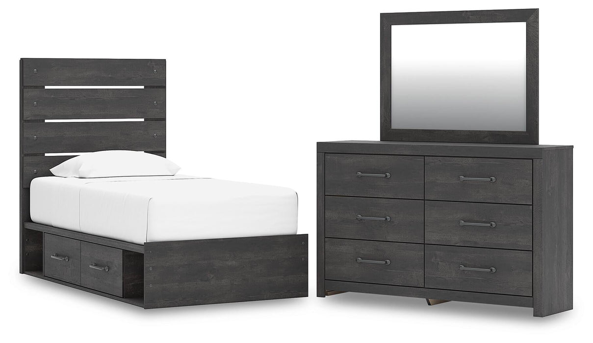 Delmorta Twin Panel Storage Bed, Dresser and Mirror