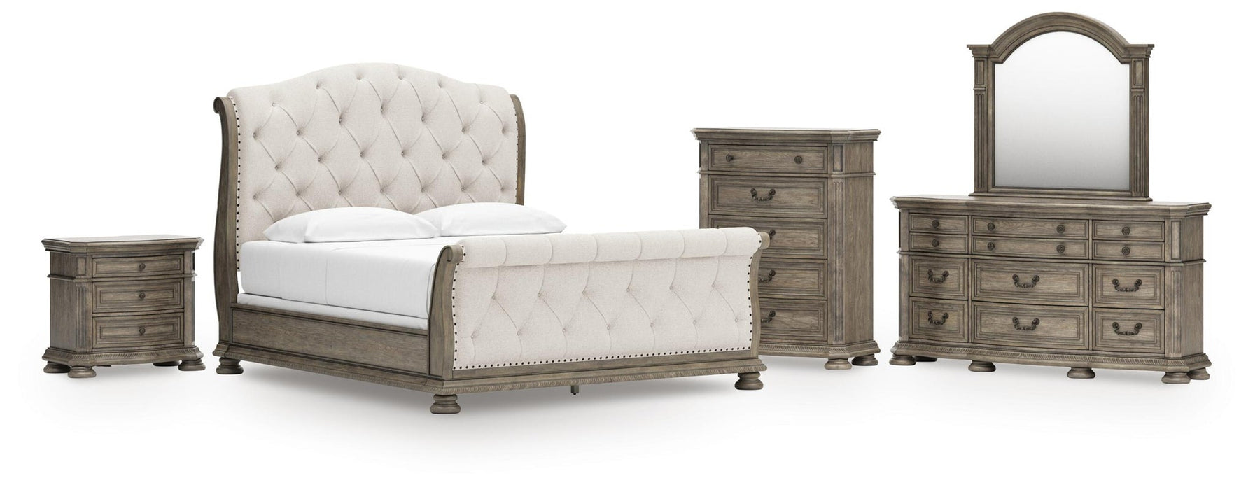 Ardenfield California King Upholstered Sleigh Bed, Dresser, Mirror, Chest and Nightstand
