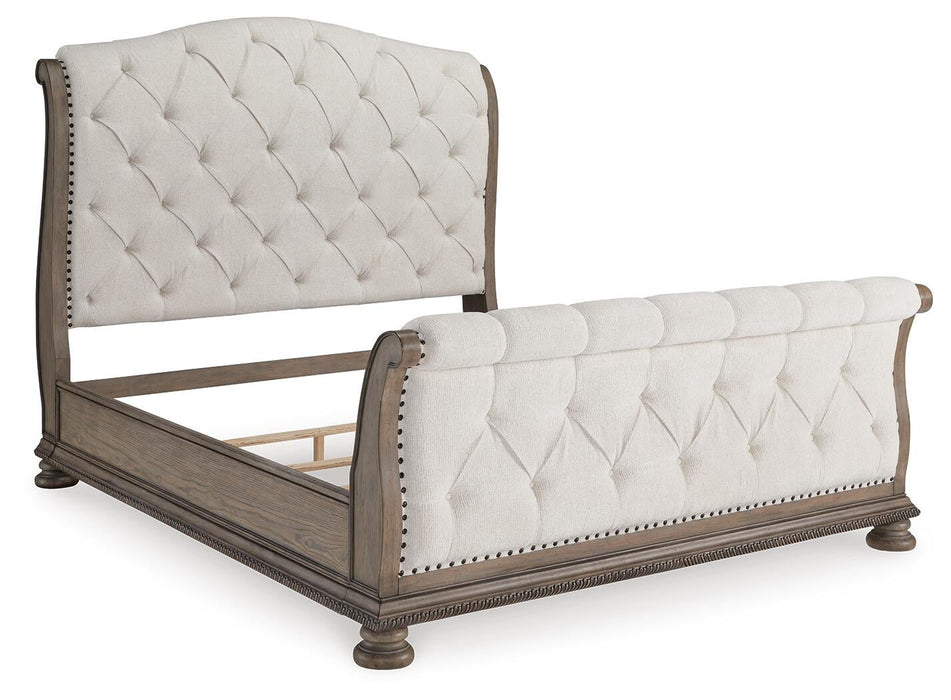 Ardenfield California King Upholstered Sleigh Bed, Dresser, Mirror and Nightstand