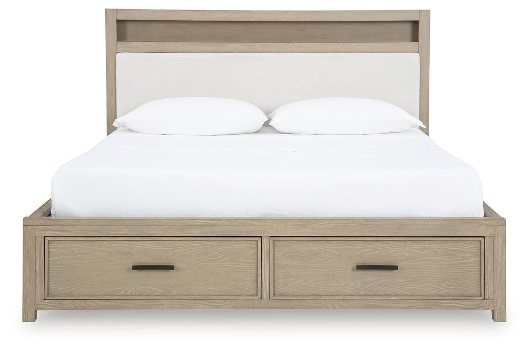 Calmoro Queen Bookcase Bed with Mirrored Dresser and Nightstand