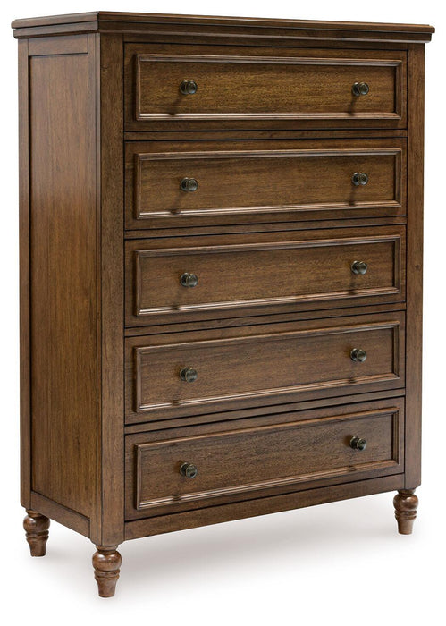 Sturlayne Queen Upholstered Panel Bed, Dresser, Mirror, Chest and Nightstand