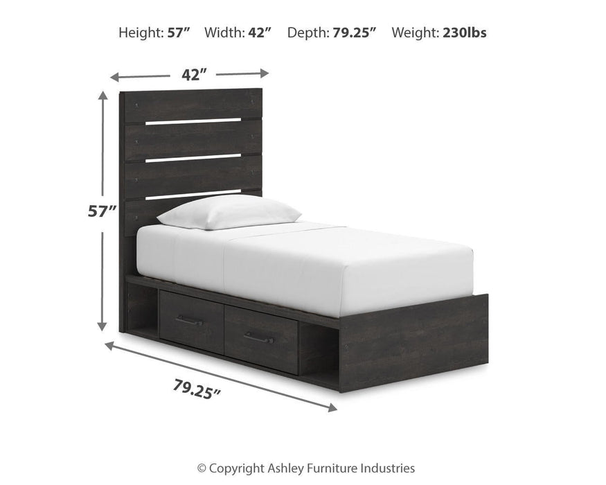 Delmorta Twin Panel Bed with Storage, Dresser and Mirror