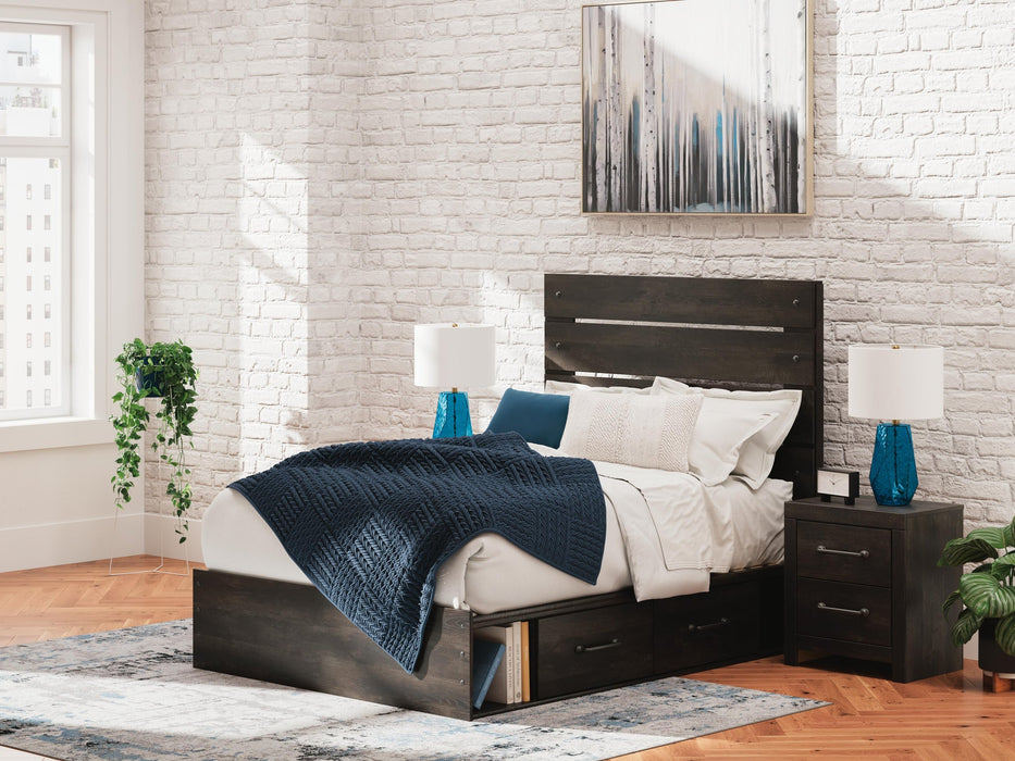 Delmorta Full Panel Storage Bed, Dresser, Mirror, Chest and Nightstand