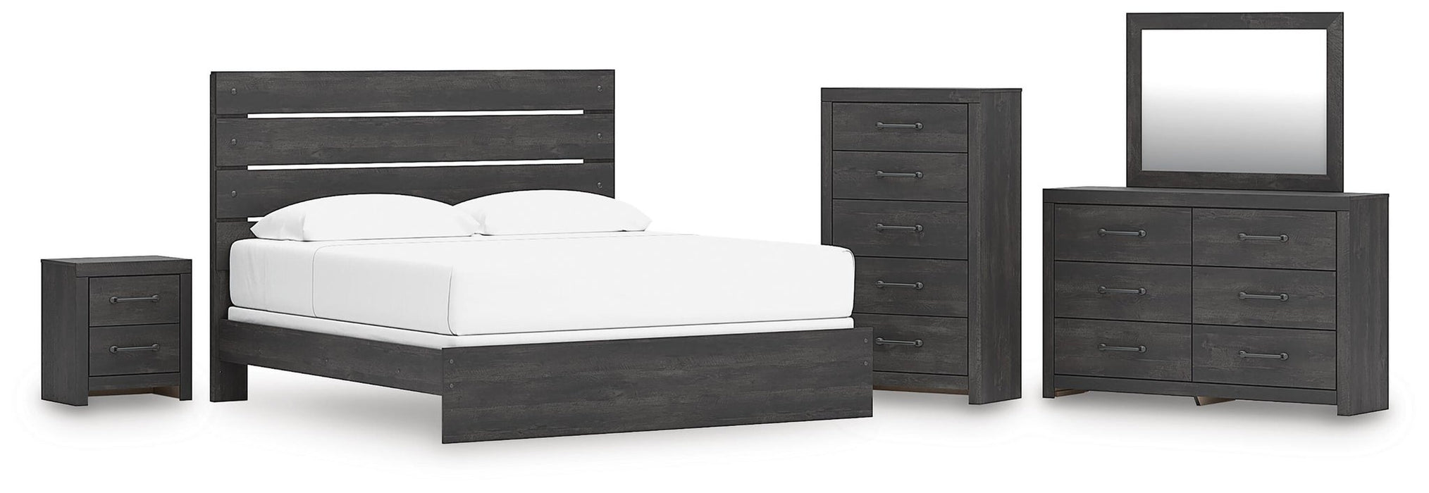 Delmorta King Panel Bed, Dresser, Mirror, Chest and Nightstand