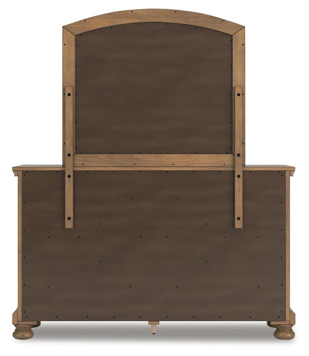 Vandenmore California King Storage Sleigh Bed with Mirrored Dresser and Nightstand