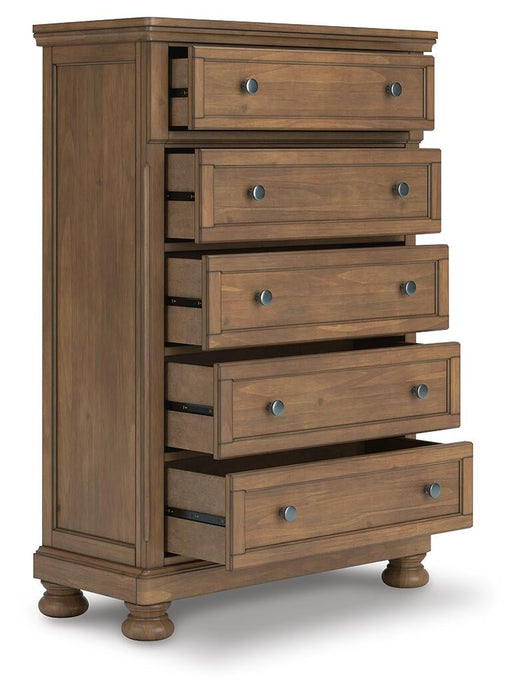 Vandenmore Queen Storage Sleigh Bed with Mirrored Dresser, Chest and Nightstand