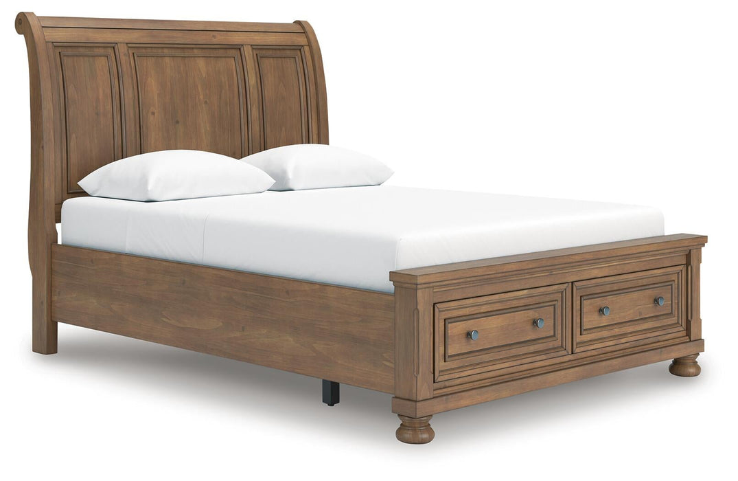 Vandenmore Queen Storage Sleigh Bed with Mirrored Dresser, Chest and Nightstand