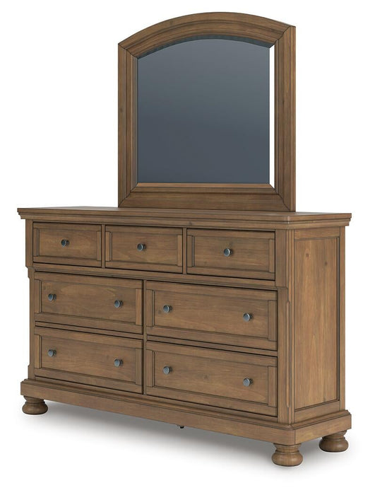 Vandenmore California King Storage Sleigh Bed with Mirrored Dresser, Chest and Nightstand