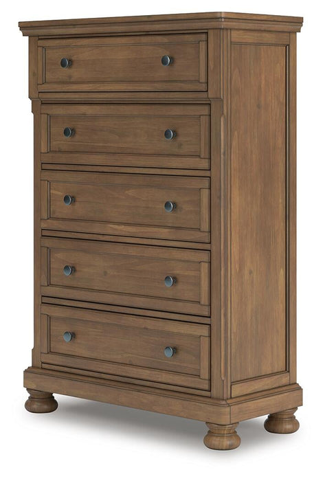 Vandenmore California King Storage Sleigh Bed with Mirrored Dresser, Chest and Nightstand