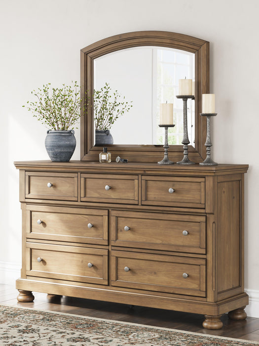 Vandenmore California King Storage Sleigh Bed with Mirrored Dresser, Chest and Nightstand
