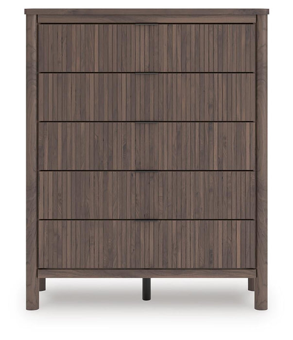 Cadmori King Upholstered Panel Bed, Dresser, Mirror, Chest and Nightstand