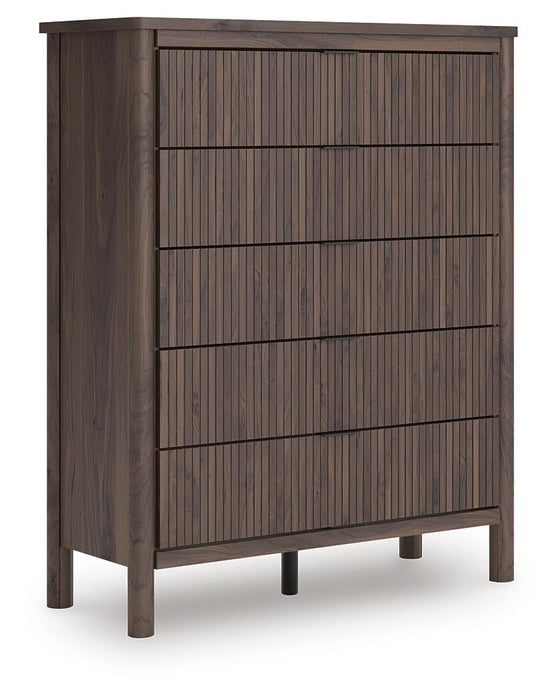 Cadmori King Upholstered Panel Bed, Dresser, Mirror, Chest and Nightstand