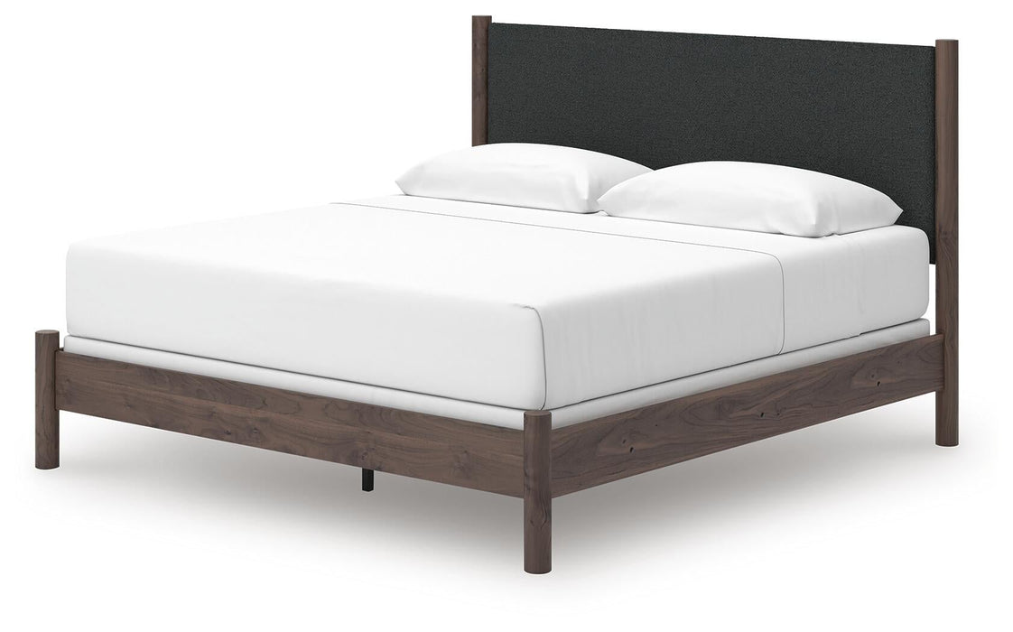 Cadmori King Upholstered Panel Bed, Dresser, Mirror, Chest and Nightstand