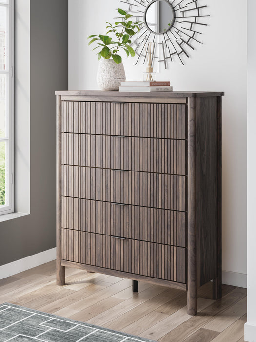 Cadmori King Upholstered Panel Bed, Dresser, Mirror, Chest and Nightstand