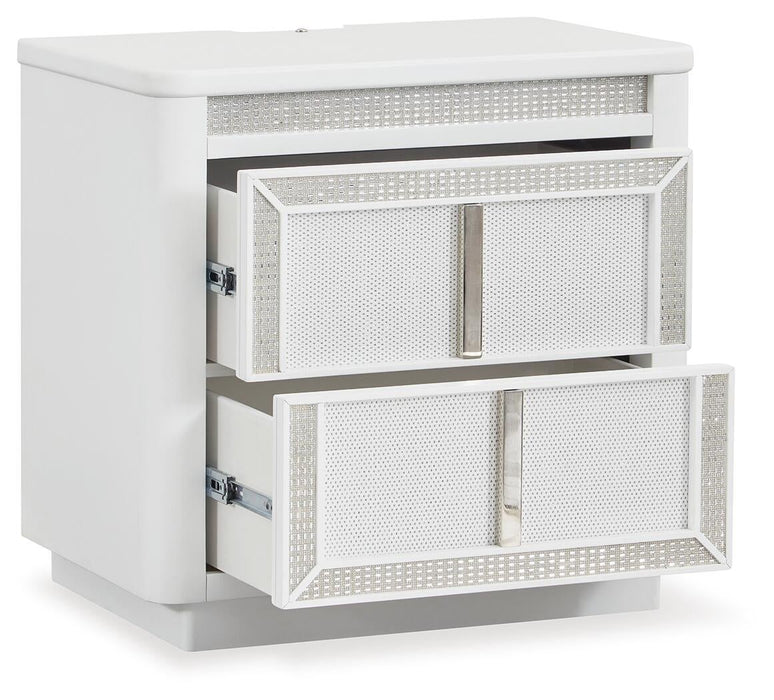 Chalanna California King Upholstered Storage Bed, Dresser, Mirror and Nightstand