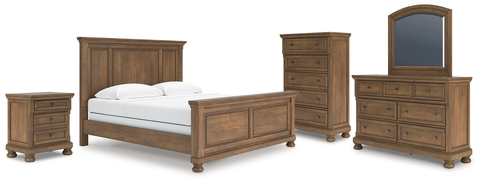 Vandenmore King Panel Bed with Mirrored Dresser, Chest and Nightstand