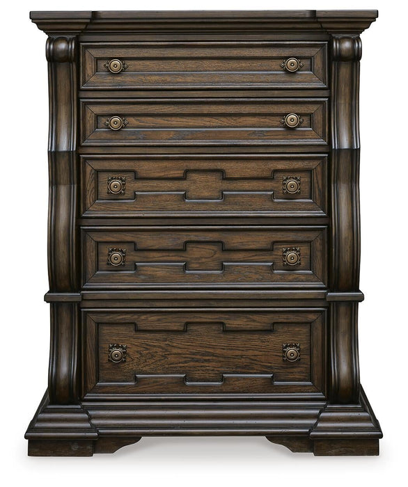 Maylee Queen Canopy Bed, Dresser, Mirror, Chest and Nightstand
