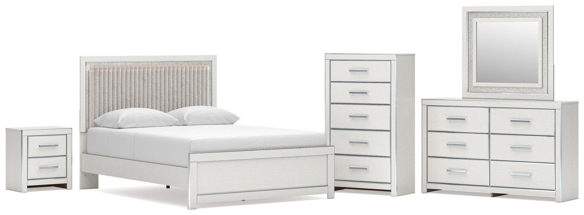 Birmonton Queen Upholstered Panel Platform Bed, Dresser, Mirror, Chest and Nightstand