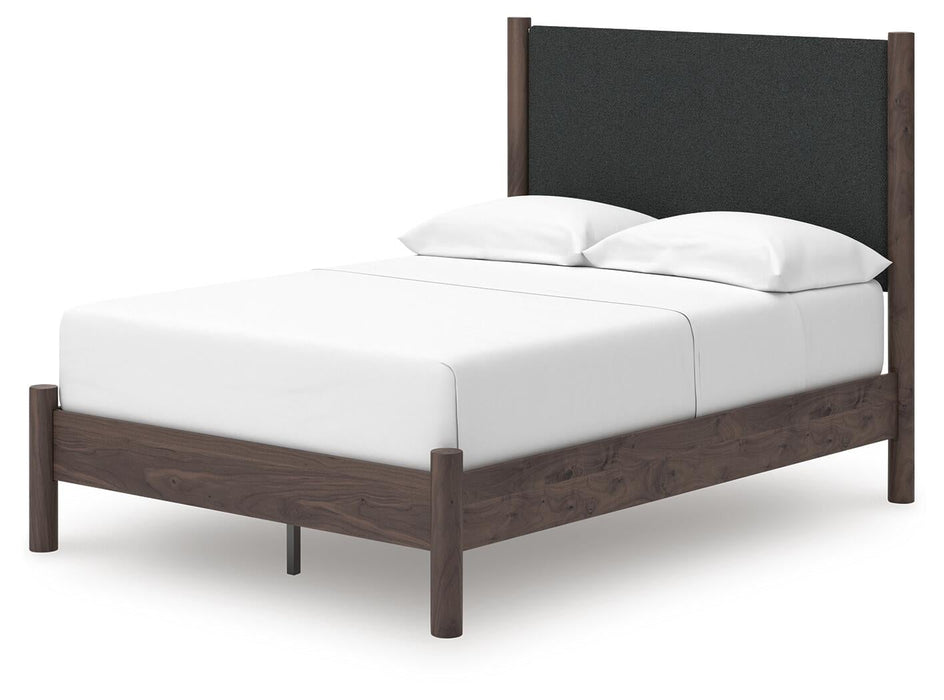 Cadmori Full Upholstered Panel Platform Bed, Dresser, Mirror, Chest and Nightstand