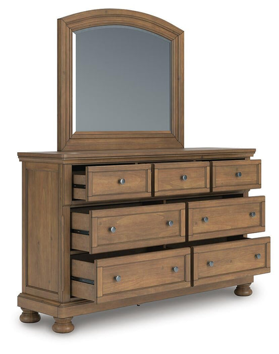 Vandenmore King Storage Sleigh Bed with Mirrored Dresser and Nightstand