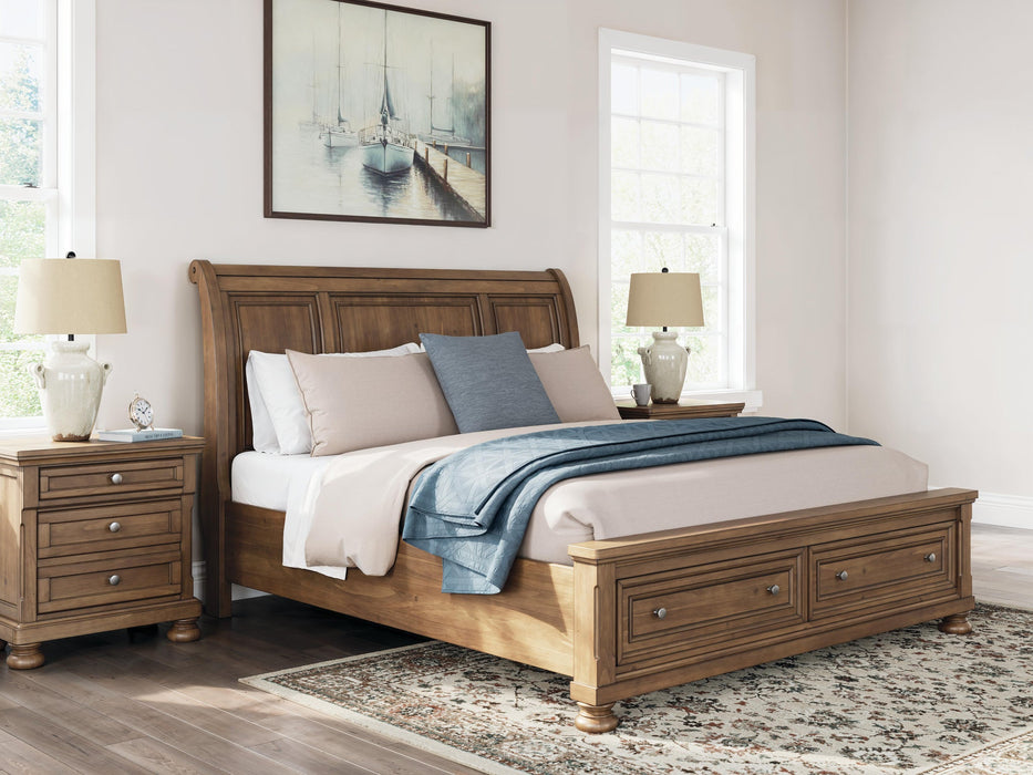 Vandenmore King Storage Sleigh Bed with Mirrored Dresser and Nightstand