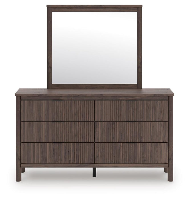Cadmori Queen Upholstered Panel Platform Bed, Dresser, Mirror, Chest and Nightstand