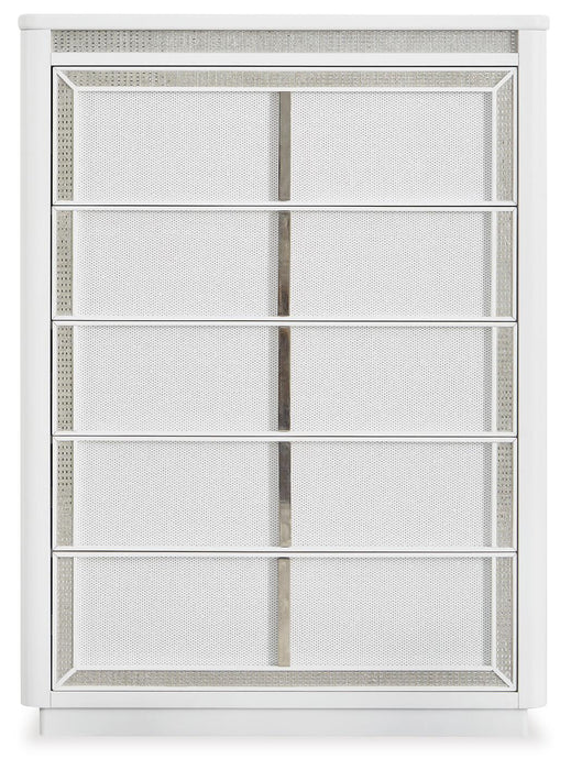 Chalanna California King Upholstered Storage Bed, Dresser, Mirror, Chest and Nightstand