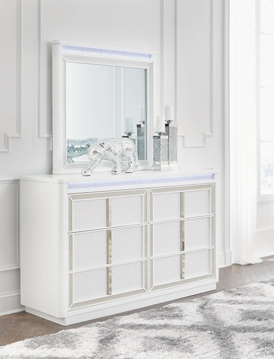 Chalanna California King Upholstered Storage Bed, Dresser, Mirror, Chest and Nightstand