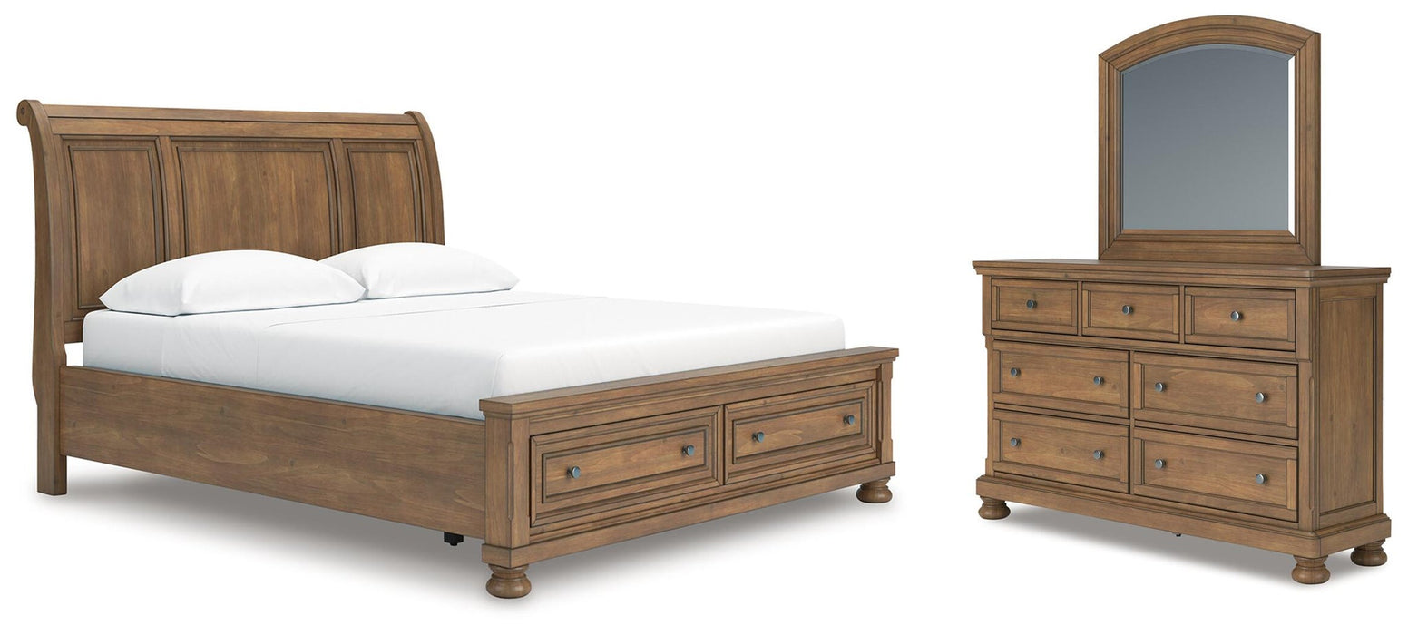 Vandenmore California King Storage Sleigh Bed with Mirrored Dresser
