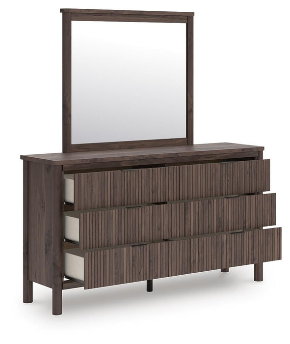 Cadmori Queen Upholstered Panel Platform Bed, Dresser and Mirror