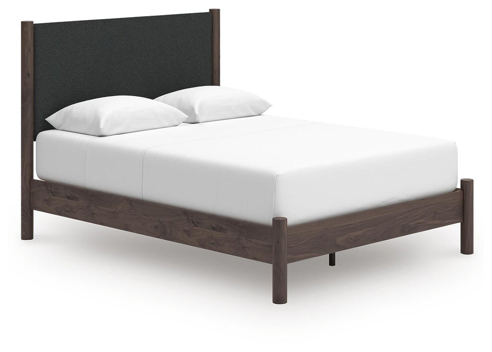 Cadmori Queen Upholstered Panel Platform Bed, Dresser and Mirror