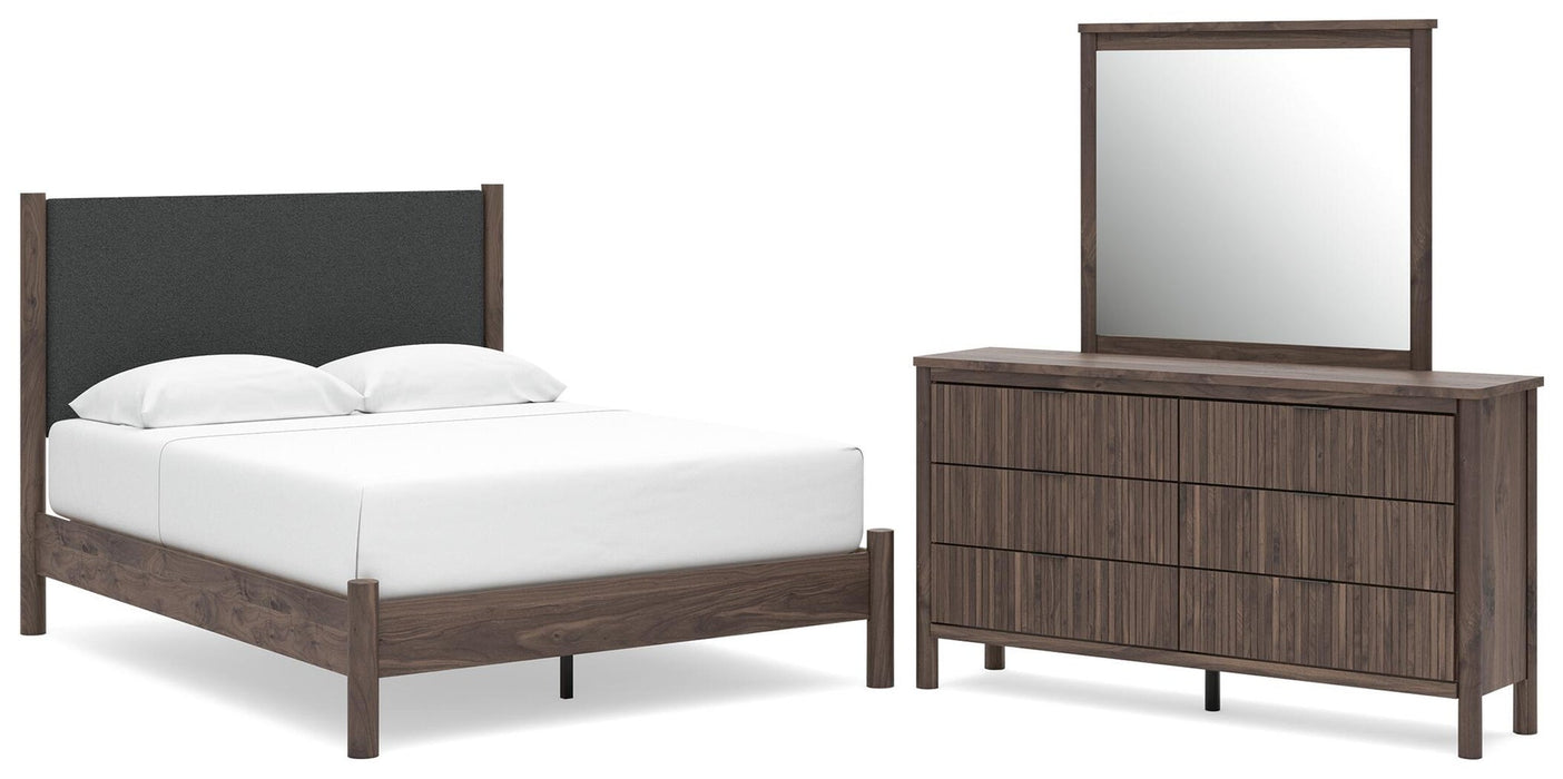 Cadmori Queen Upholstered Panel Platform Bed, Dresser and Mirror